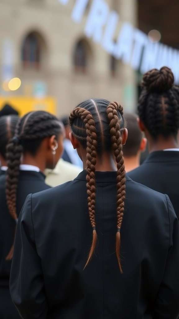 A group of individuals with stylish knotless braids, showcasing different braid styles in a formal setting.