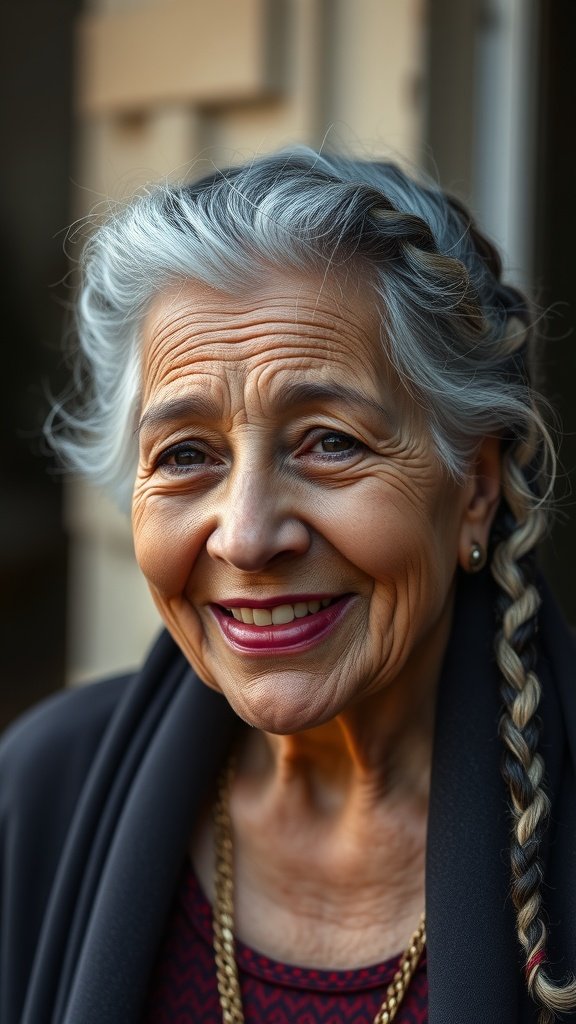 An elderly woman smiling with a knotless braid hairstyle featuring curls at the ends.