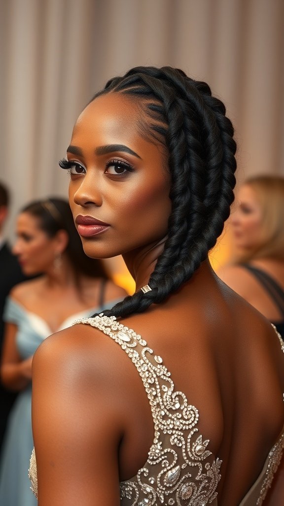 A woman with knotless braids styled elegantly for an evening event, showcasing curly ends.