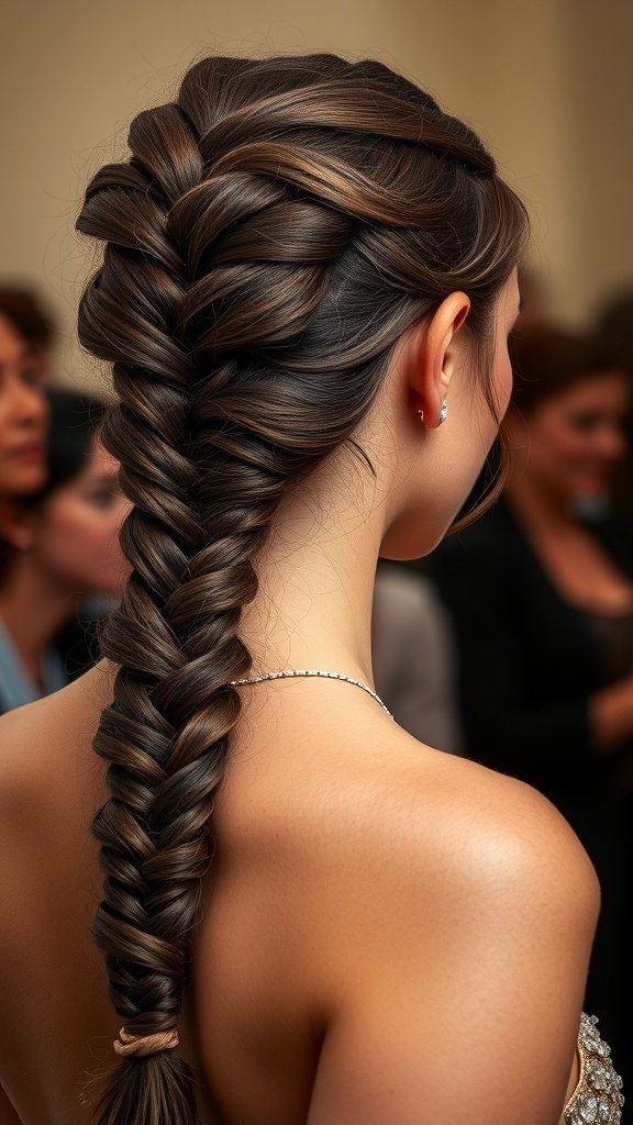 A close-up of a woman with small boho knotless braids styled elegantly for an evening event.