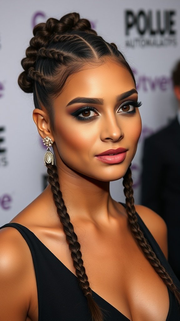 A model showcasing small boho knotless braids, styled elegantly for an evening look.