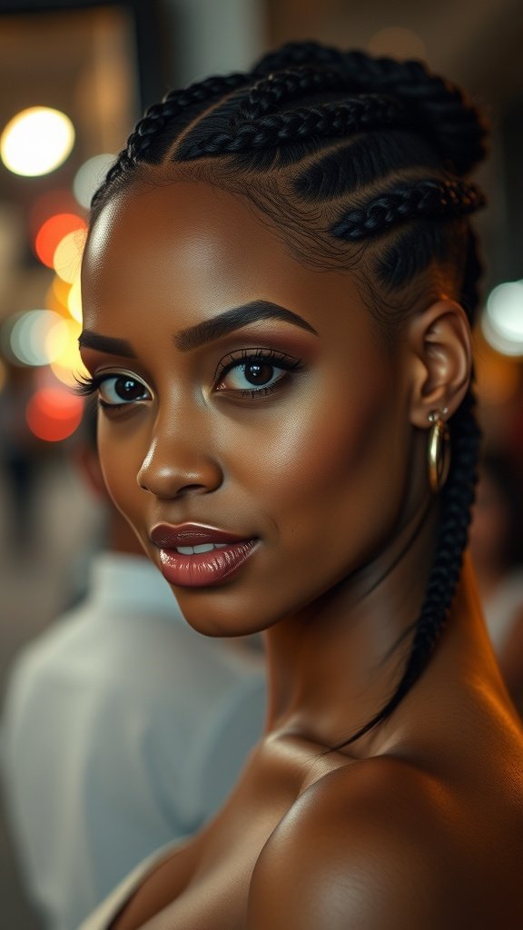 A close-up of a woman with stylish short knotless braids, showcasing a chic look for an evening out.