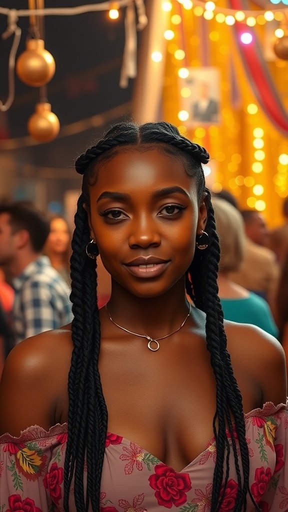 A woman with short knotless braids, dressed in a floral top, smiling at a lively event.
