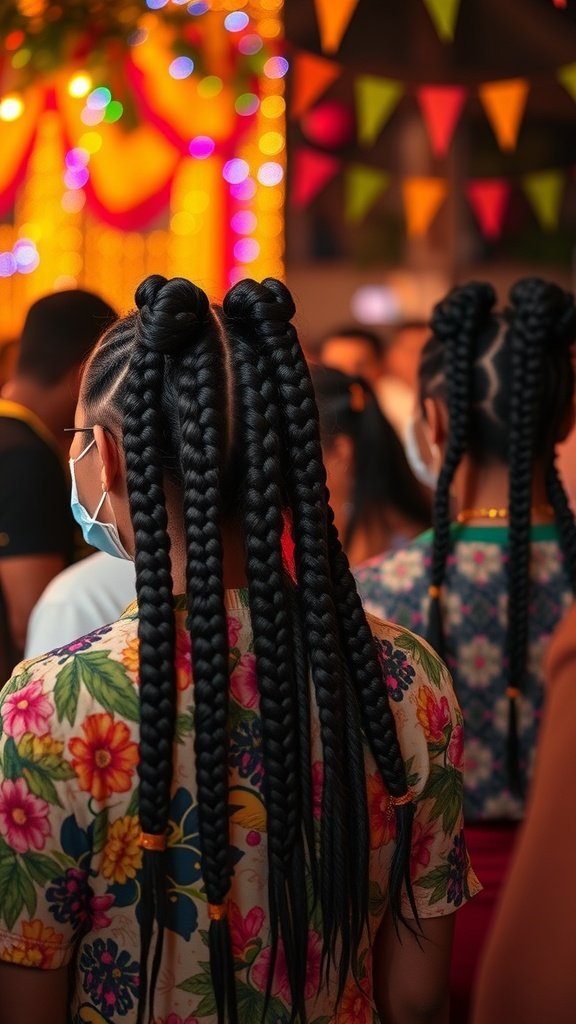 Knotless braids styled for a festive event with colorful decorations in the background.
