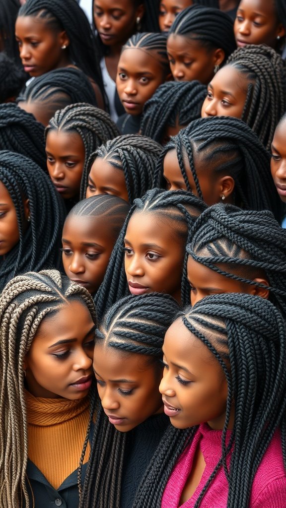A group of individuals showcasing various styles of knotless braids, highlighting their versatility.