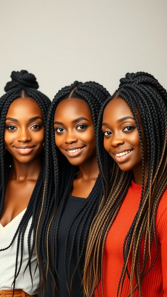 Three individuals with large boho knotless braids, showcasing different styles and lengths.