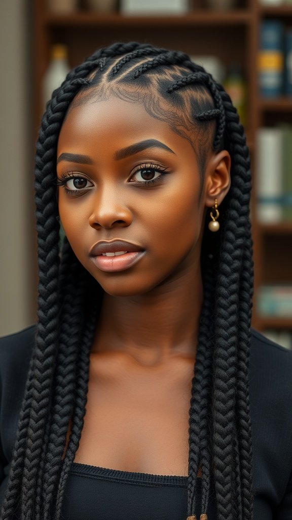 A close-up of a woman with boho knotless braids, showcasing a stylish braided hairstyle.