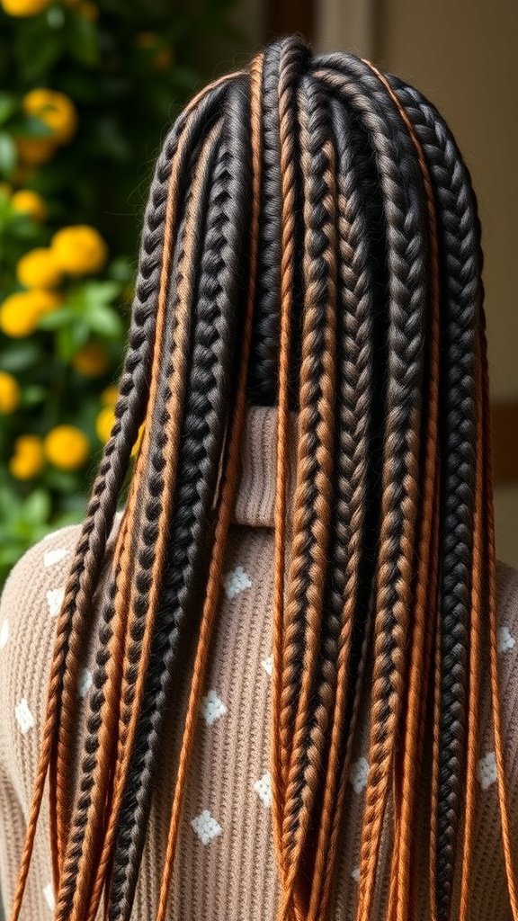 A woman with medium knotless braids featuring a mix of colors, showcasing a stylish protective hairstyle.