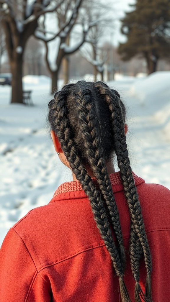 A person with blonde boho knotless braids walking in a snowy park.