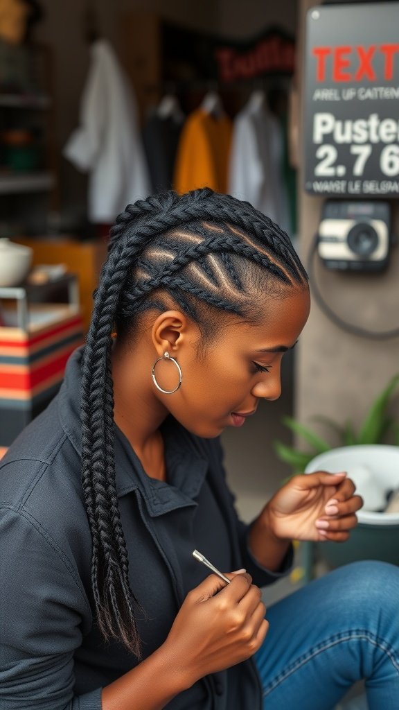 A woman with knotless small braids, showcasing a stylish and practical hairstyle.