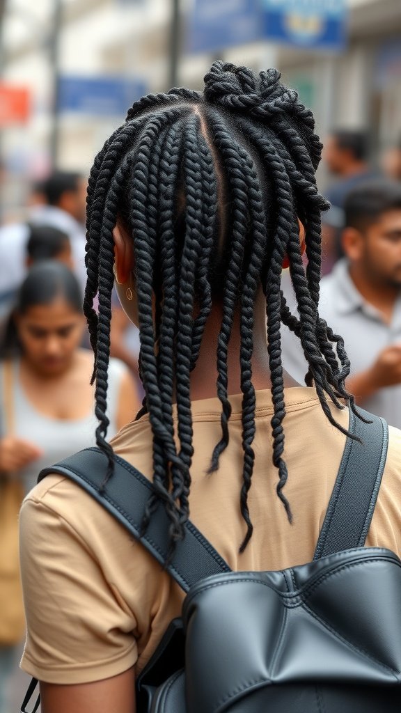 A person with stylish knotless braids, showcasing a trendy hairstyle in a casual setting.