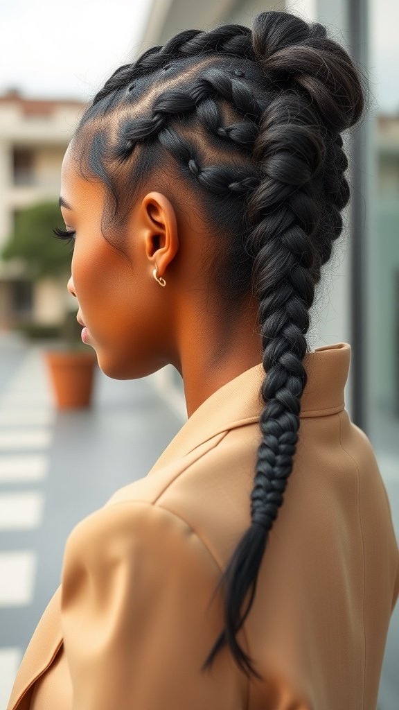 A woman showcasing elegant knotless boho braids styled in a sleek ponytail.