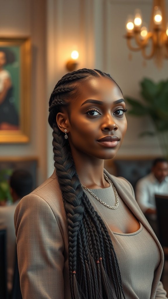 A woman with a stylish braided bob hairstyle, showcasing knotless braids in an elegant setting.