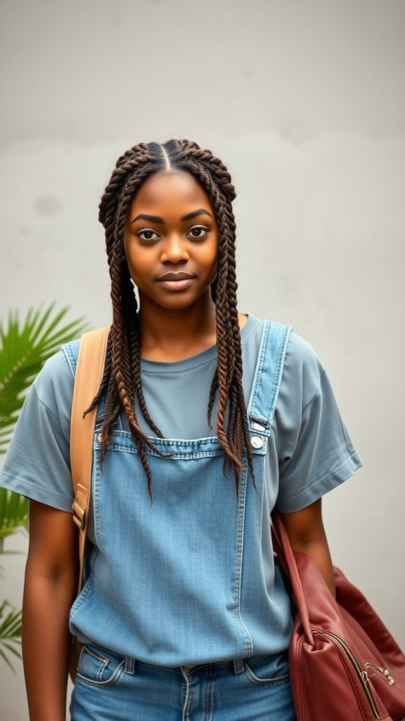 A young woman with long knotless braids, wearing a denim outfit and carrying a bag.