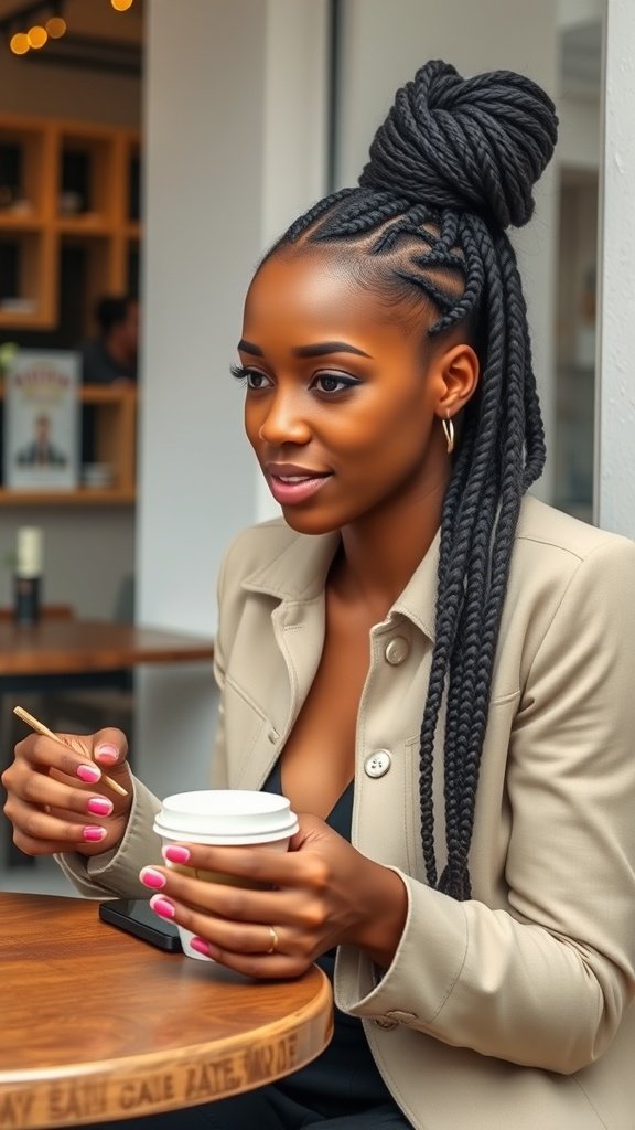 A woman with knotless braids styled in a high bun, enjoying a coffee in a cozy café.