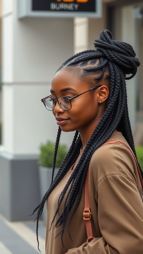 A woman with knotless braids styled in a casual look, wearing glasses and a brown top.
