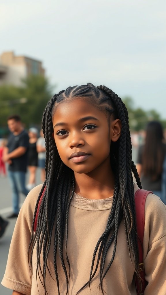 A young girl with small boho knotless braids, wearing a beige shirt and a red backpack, standing outdoors.