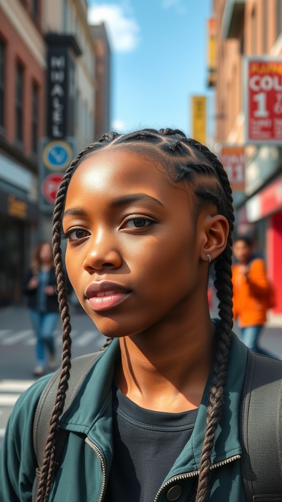 A young woman with short bohemian knotless braids, standing on a city street.