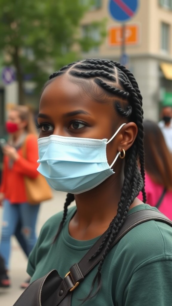 A woman with short knotless braids styled with curly ends, wearing a mask in a busy urban setting.