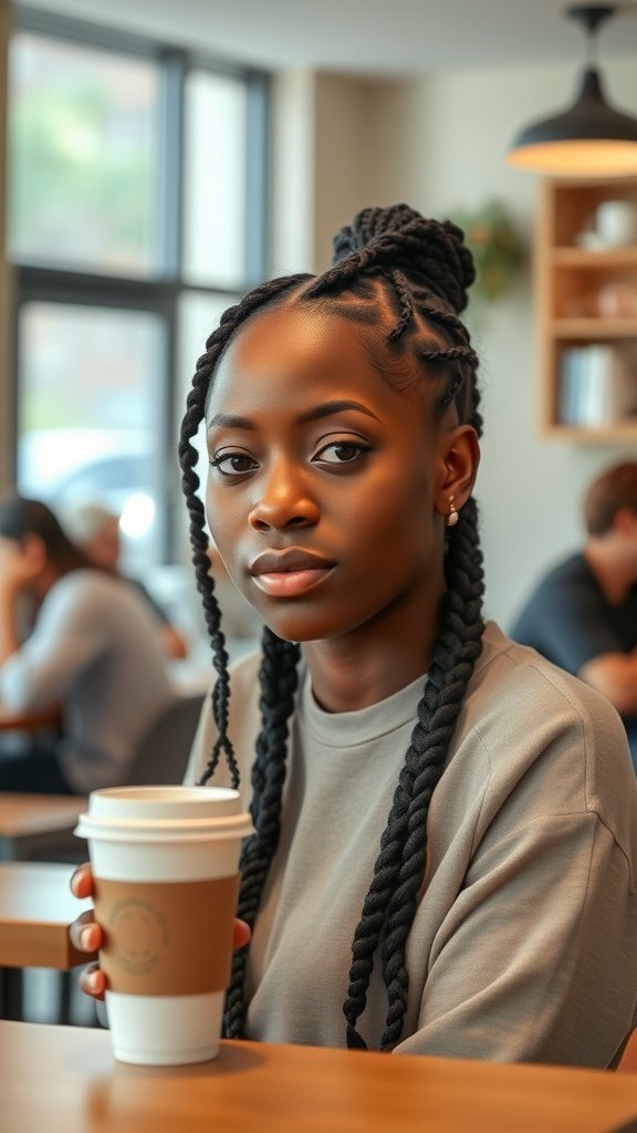A person with short knotless braids and curly ends, holding a coffee cup in a cafe setting.