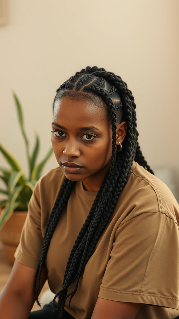 A woman with Xs Knotless Braids, showcasing a stylish and comfortable hairstyle.