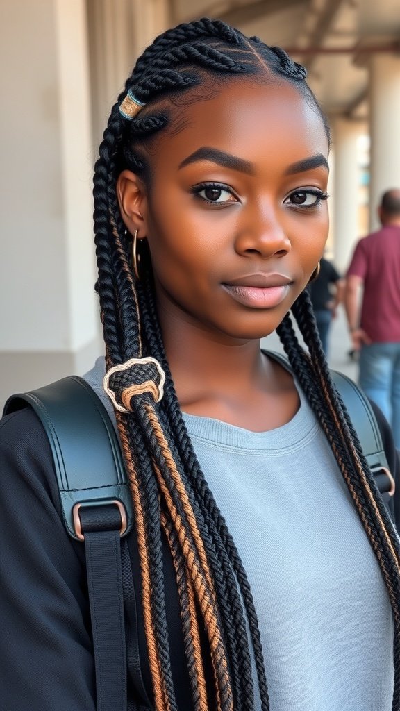 A young woman with xs knotless braids, showcasing a stylish and trendy hairstyle.