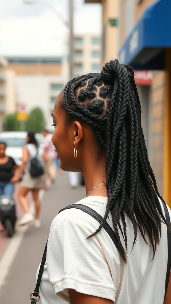 A woman with knotless braids styled in a casual setting, showcasing a chic hairstyle.