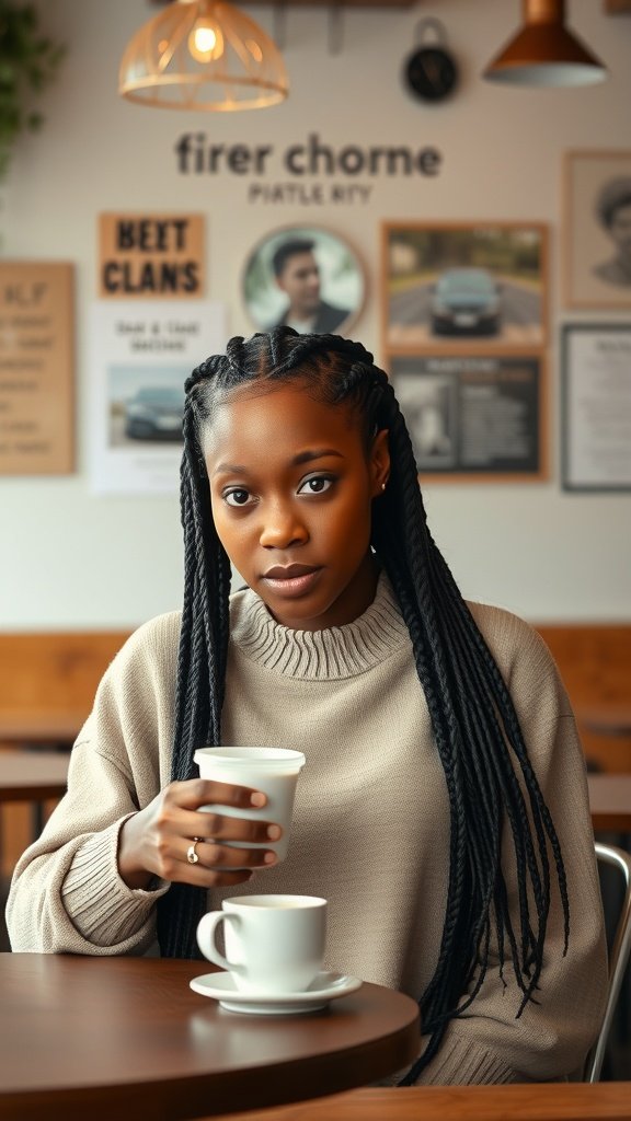 A young woman with knotless braids sitting in a cafe, holding a cup of coffee.