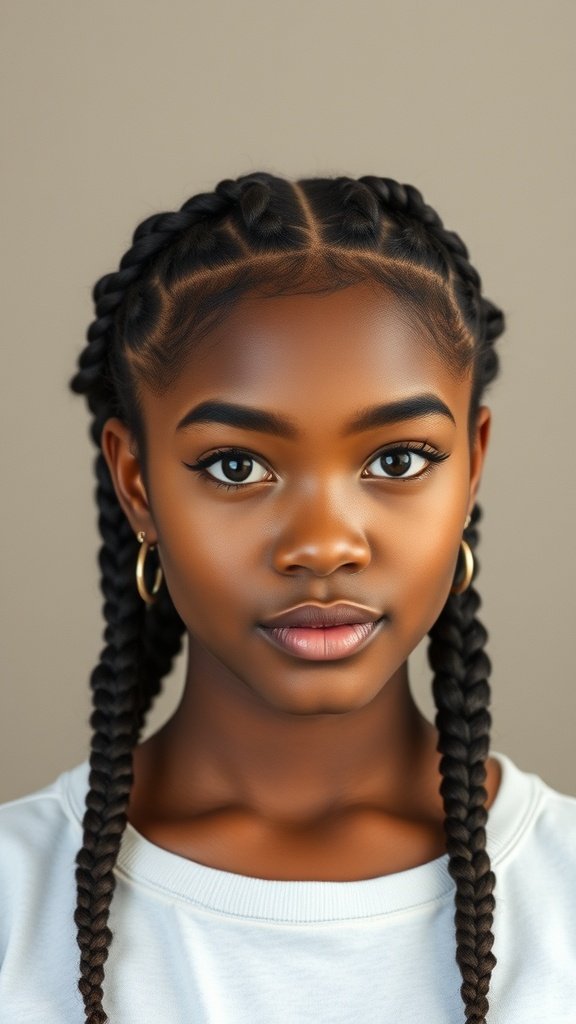 A young woman with knotless braids styled elegantly, showcasing a natural and chic look.