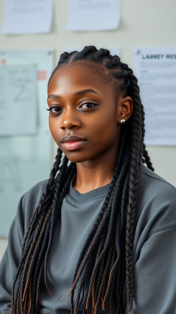 A young woman with long knotless braids, wearing a grey sweatshirt, looking confidently at the camera.