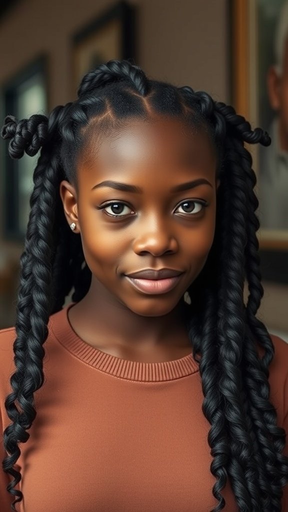 A young girl with knotless braids styled with curls at the ends, showcasing a trendy and stylish look.