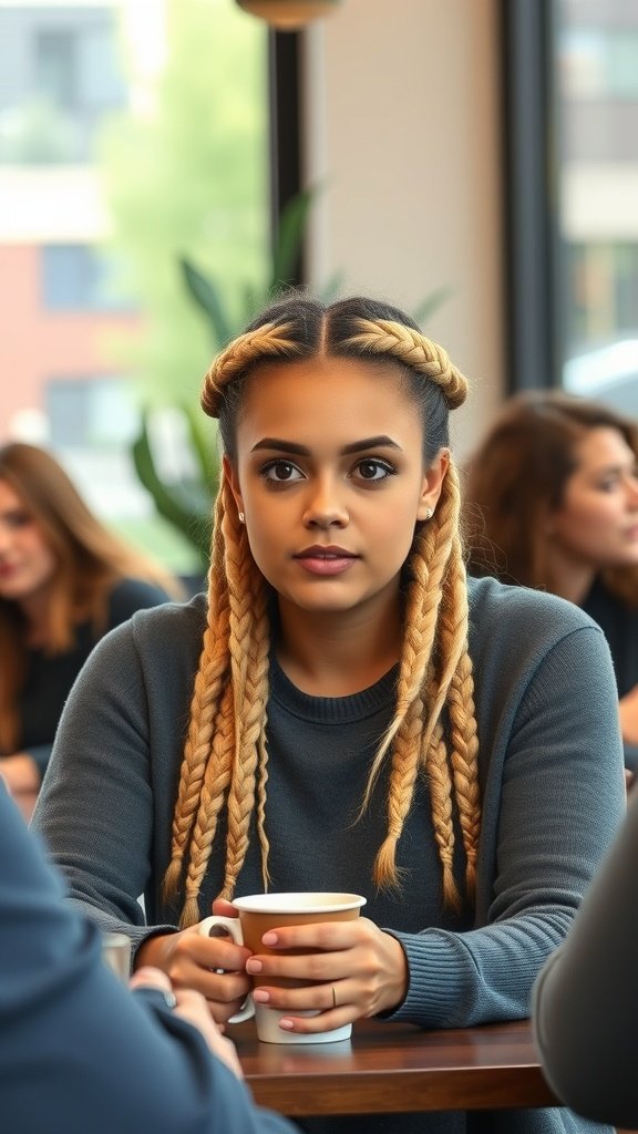 A young woman with blonde knotless braids sitting in a cafe, holding a cup.