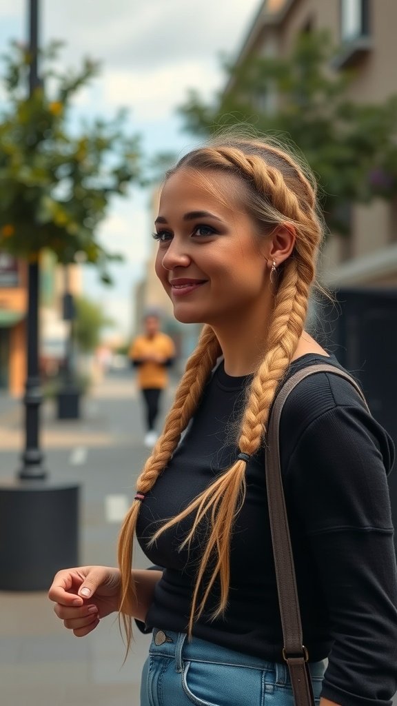 A woman with blonde knotless braids walking in a city street.