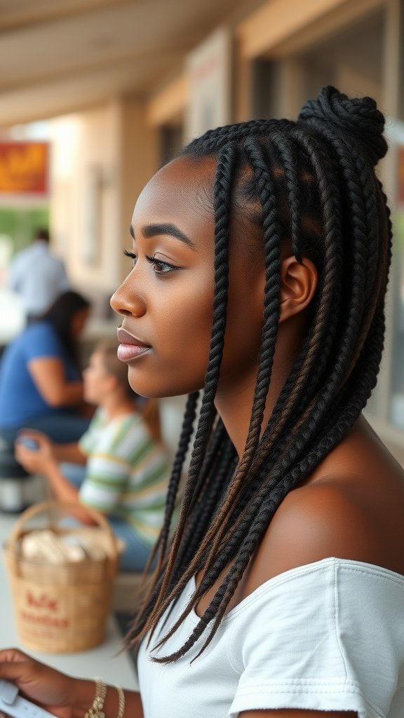 A woman with Fulani knotless braids, showcasing a stylish and casual look.