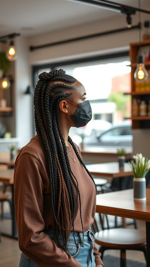 A woman with long knotless braids styled casually, wearing a mask in a modern cafe.