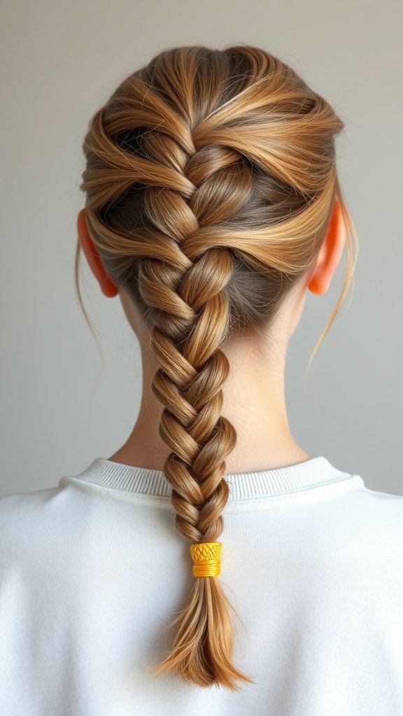 A neatly styled knotless braid with a golden hair tie.