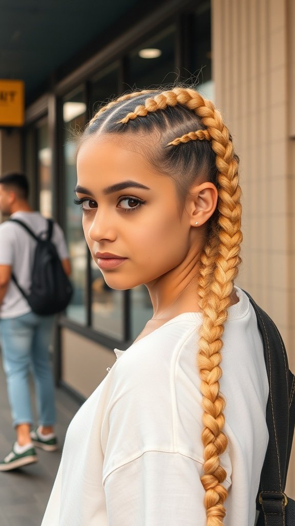 A young woman with honey blonde knotless braids, showcasing a stylish and comfortable hairstyle.