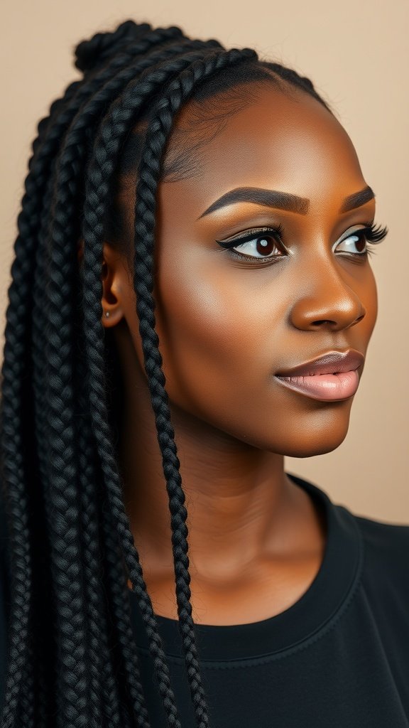 A close-up of a woman with brown knotless braids, showcasing a stylish and elegant hairstyle.