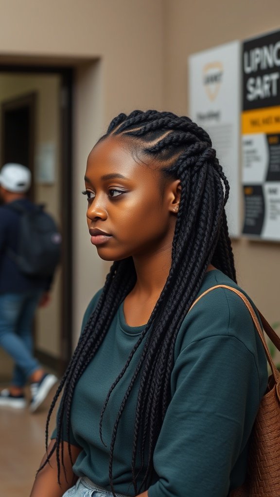 A woman with long knotless braids, showcasing a stylish and comfortable hairstyle.