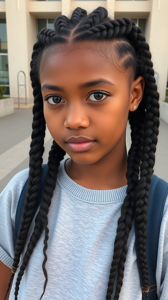 A young girl with small knotless braids, wearing a light blue shirt and a backpack, showcasing a neat and stylish hairstyle.
