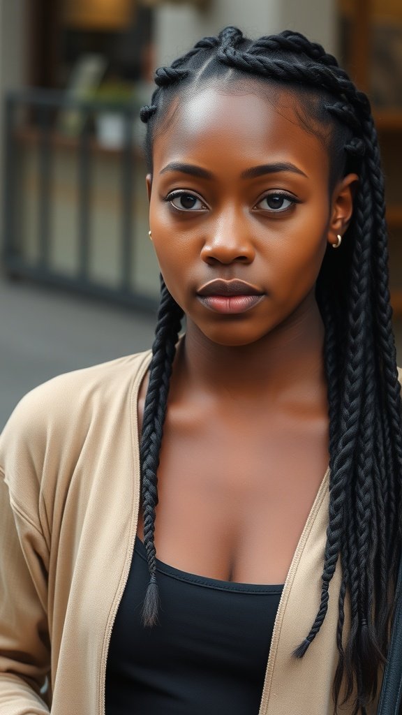 A young woman with small knotless braids, wearing a beige cardigan and a black top, looking confidently at the camera.