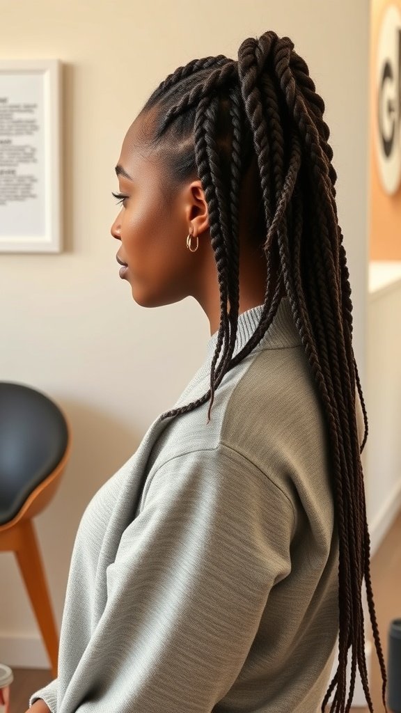 A woman with knotless braids styled in a casual setting, showcasing curly ends.