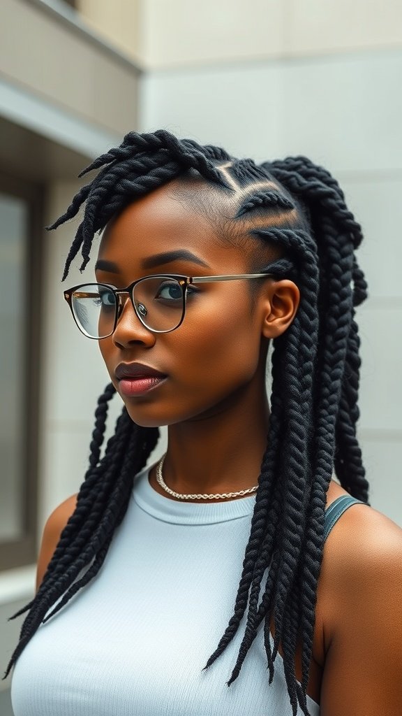 A woman with small knotless braids styled elegantly, wearing glasses and a light top.