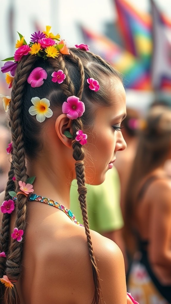 A woman with knotless braids decorated with colorful flowers, perfect for a festival setting.
