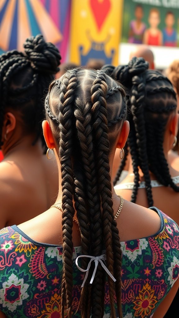 A close-up view of stylish knotless braids worn at a festival, showcasing intricate patterns and curls.