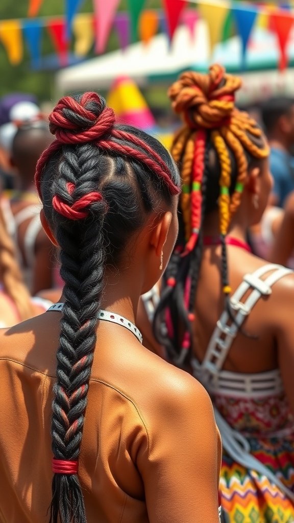 A group of people with colorful knotless braids at a festival, showcasing various braid styles.