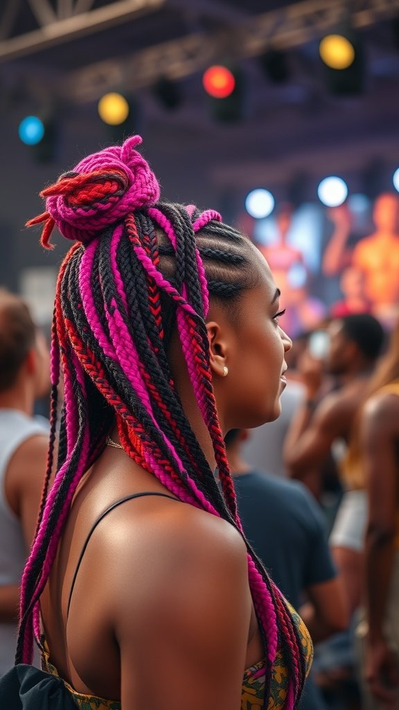 A woman with vibrant pink and black knotless braids styled in an updo at a festival.