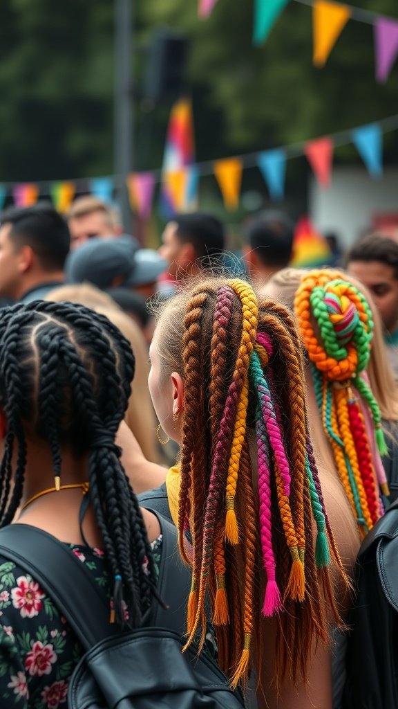 A group of people with colorful knotless braids at a festival.