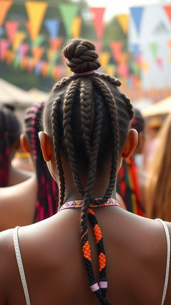A person with brown knotless braids styled in a bun, showcasing colorful accents, at a festival.