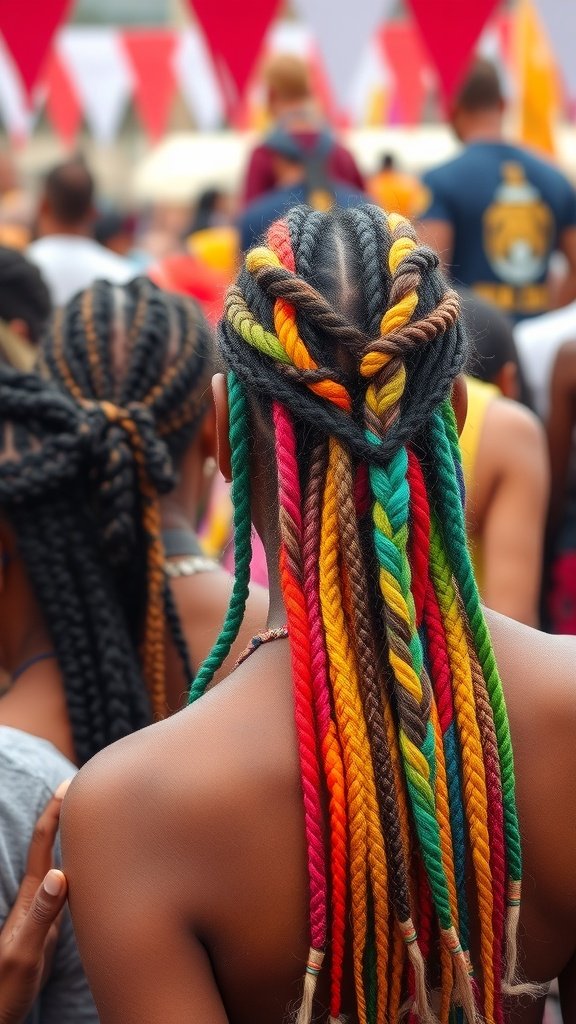 Colorful knotless braids styled for a festival